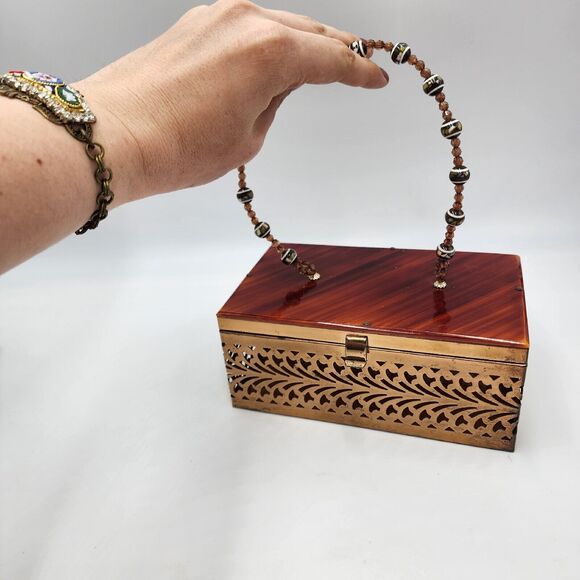 Vintage 1950's Tortoiseshell Amber Color Lucite Brass Filigree Box Purse Beaded - Picture 5 of 13
